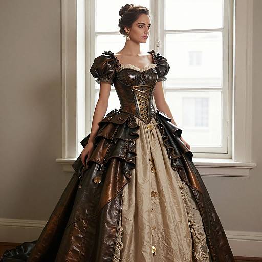 Photograph of a fair-skinned woman in a Victorian-style, brown and gold brocade gown with puffed sleeves, standing in front of a bright