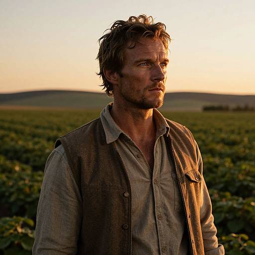 Photograph of a rugged, dirty-haired man with a beard in a worn button-up shirt and vest, standing in a sunlit field at sunset,