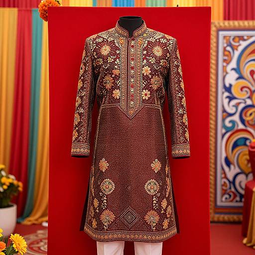 Photograph of an intricately embroidered, long-sleeve brown traditional dress with floral patterns, displayed against a vibrant red backdrop with colorful curtains and orn