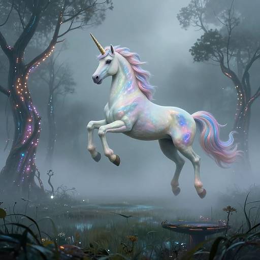 Digital art of a glowing, white unicorn with a pink and purple mane and tail, mid-leap in a misty, magical forest with glowing trees