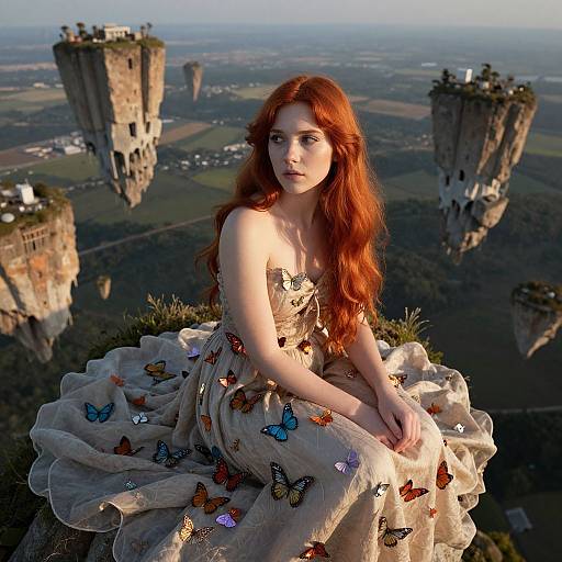 Digital art of a red-haired woman in a butterfly-adorned dress, sitting on a cliff, with floating stone towers in the background.