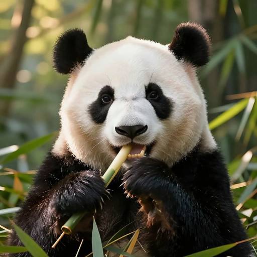 Photograph of a panda bear with black and white fur, holding and eating bamboo in a lush, green forest.
