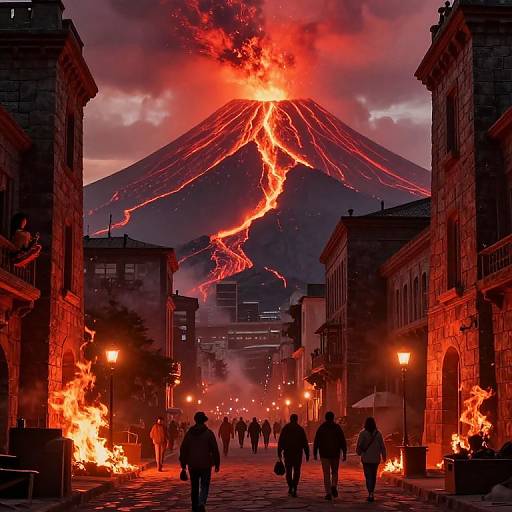 Fiery Cityscape Amid Erupting Volcano