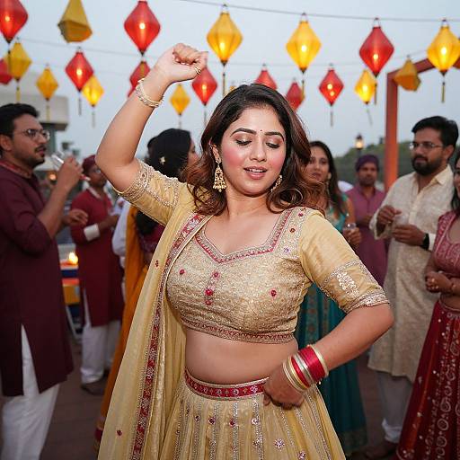 Photograph of a smiling South Asian woman in a gold traditional outfit with red accents, dancing under colorful lanterns, surrounded by men in traditional attire,