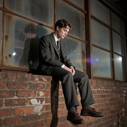 Photograph of a pensive young man in a black suit, sitting on a weathered brick wall beside large, rusty-windowed industrial windows. Dim