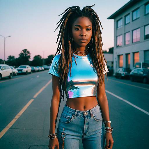Young Woman in Holographic Crop Top and Denim Jeans
