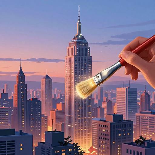 Digital art of a hand holding a paintbrush with glowing bristles, painting the iconic Empire State Building in a vibrant, sunset-lit New York City