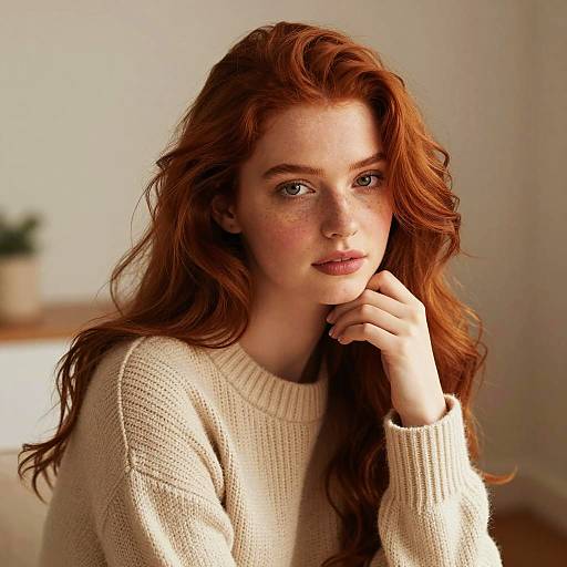 Portrait of Young Woman with Red Hair in Cozy Sweater