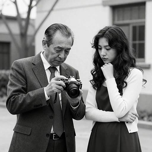 Black and White Photo of Man Examining Camera with Woman