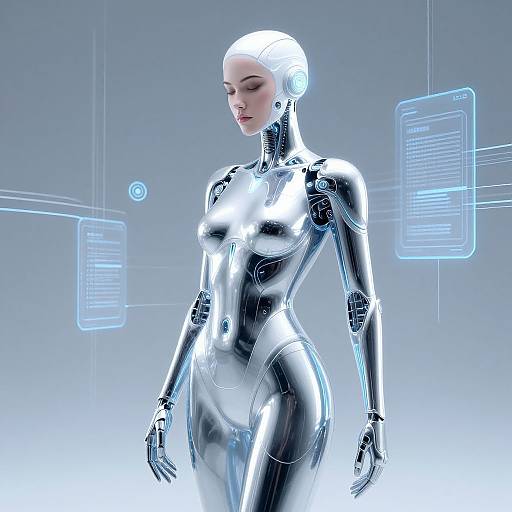 CGI image of a sleek, silver, female humanoid robot with a bald head, blue glowing interfaces in the background, standing in a futuristic, glowing