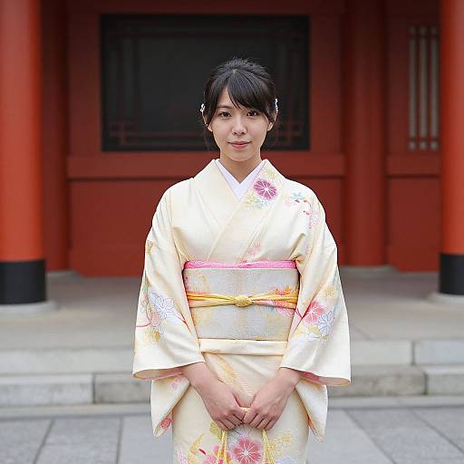 Photograph of an Asian woman in a white floral kimono, standing in front of a red traditional Japanese temple entrance.