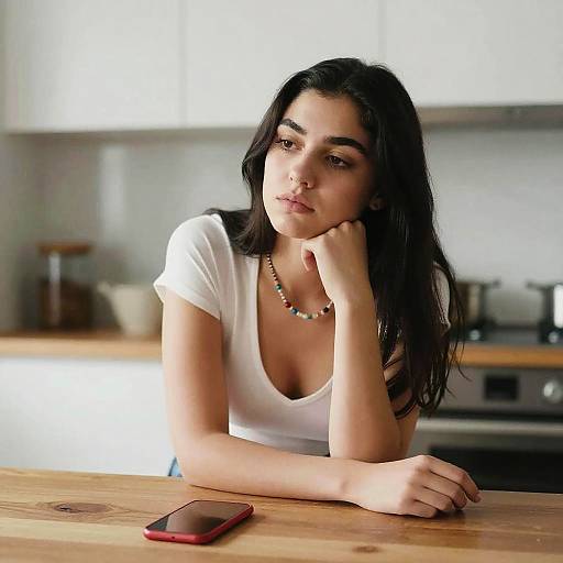 Photograph of a pensive young woman with long black hair, wearing a white t-shirt and bead necklace, leaning on a wooden kitchen counter with a
