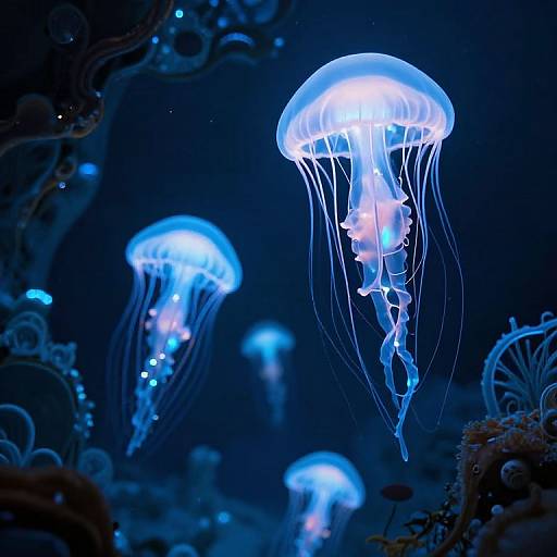 Glowing Jellyfish in Underwater Cavern
