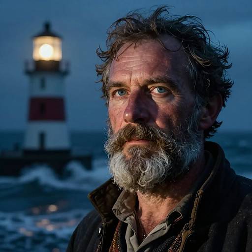 Photograph of a rugged, middle-aged man with a grey beard, intense blue eyes, and windswept hair, standing by a lit lighthouse