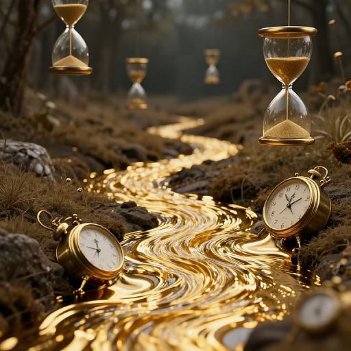 Photograph of a mystical forest scene with glowing golden water flowing through, surrounded by hanging hourglasses and floating clocks.