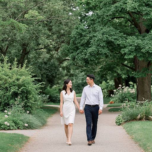 Photograph of a couple walking hand-in-hand on a gravel path in a lush, green park; woman in white dress, man in white shirt and