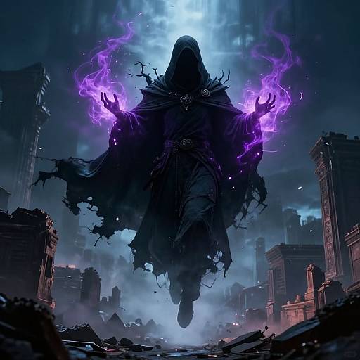 Mysterious, hooded figure with glowing purple flames in dark cityscape ruins. Silhouetted against a bright blue moonlit sky. Digital fantasy