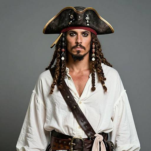 Photograph of a bearded man with dark skin, long dreadlocks, wearing a black tricorn hat, white shirt, brown belt, and s