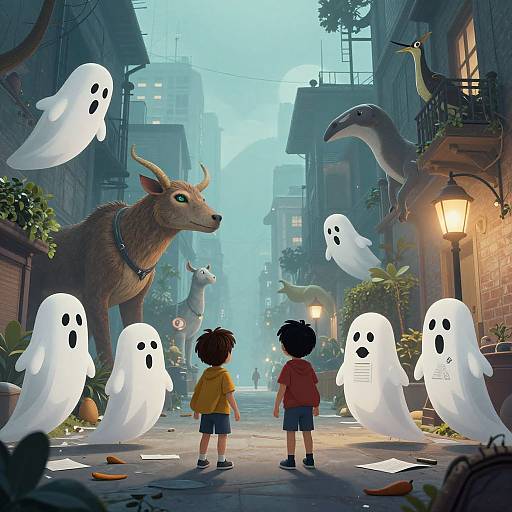 Digital illustration of two children in a foggy urban alleyway, surrounded by playful ghost-like figures and mythical creatures like a deer and bird. Warm street