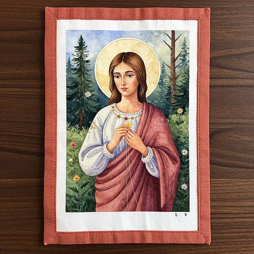Traditional-style painting of a haloed, brunette Virgin Mary with a pink robe, holding flowers, set in a forest, framed in red.