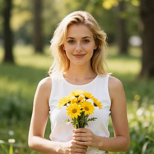 Blonde Woman with Daisies in Forest