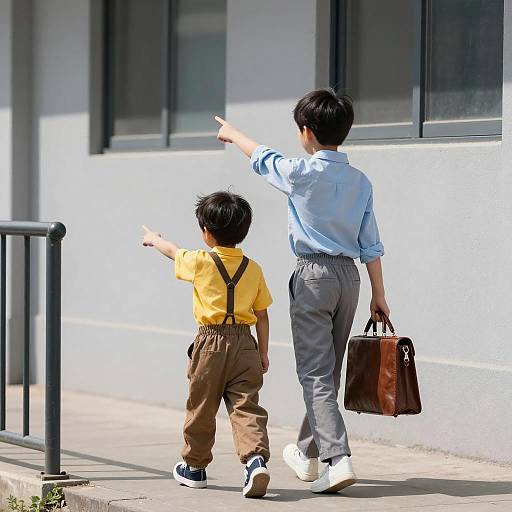 Two Boys Adventuring on Sunlit Sidewalk