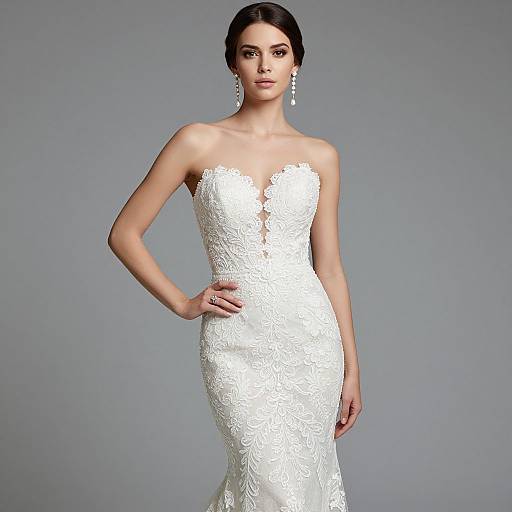 Photograph of a slender, dark-haired woman in a strapless, white lace wedding dress with a sweetheart neckline, standing against a plain gray background,