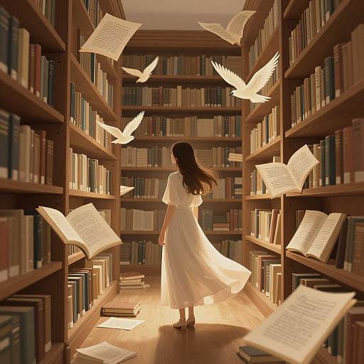Digital artwork of a woman in a flowing white dress, standing in a sunlit library aisle with flying white doves and floating books. Warm, wooden