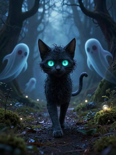 Digital artwork: A glowing blue-eyed black cat with curly fur stands on a forest path, surrounded by three translucent ghostly figures, illuminated by small lights