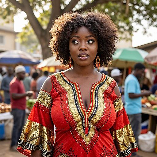 Photograph of a young Black woman with natural afro, wearing a vibrant red and gold traditional dress, standing in a bustling outdoor market with blurred people