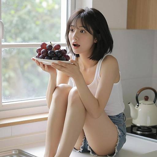 Surprised Asian Woman in Bright Kitchen