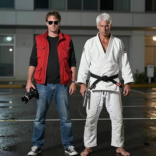 Two Men Standing at Night with Camera and Gun