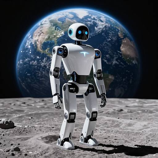 Photorealistic CGI of a white, blue-accented robot with glowing blue eyes standing on the moon, with Earth in the background.