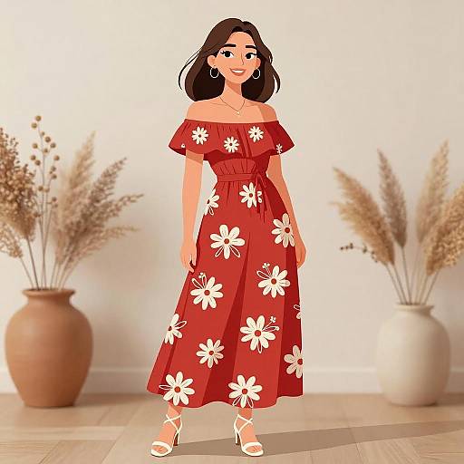 Romantic Bohemian Woman in Red Dress