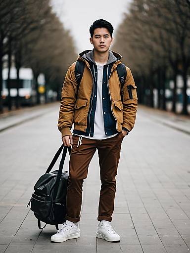 Young Man in Casual Autumn Outfit with Backpack