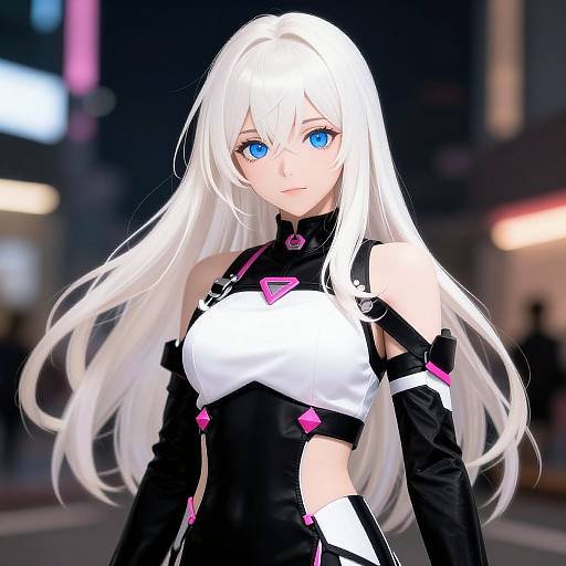 Digital anime-style artwork of a white-haired, blue-eyed woman with long hair, wearing a black and white futuristic outfit with pink accents, standing in a