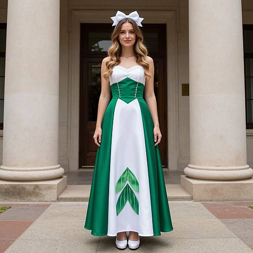 Photograph of a young woman with long, wavy brown hair, wearing a green and white strapless dress with leaf pattern, white bow headpiece