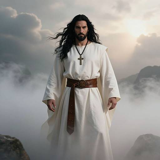 Photograph of a long-haired, bearded man in a white robe and brown belt, wearing a cross necklace, standing in misty mountains with a