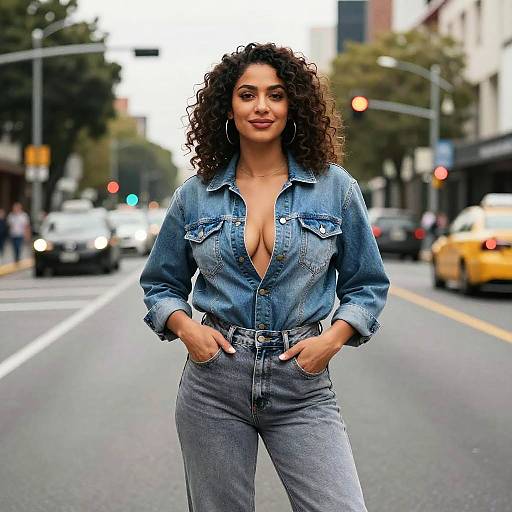 Photograph of a curly-haired woman with medium-dark skin, wearing a low-cut denim shirt and high-waisted jeans, standing confidently on a city