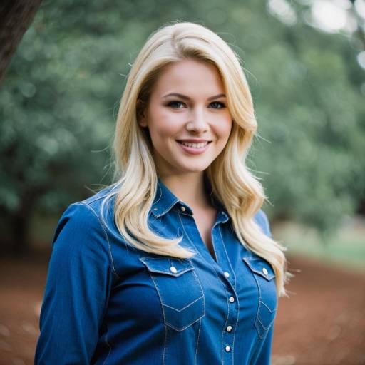 Smiling Blonde Woman in Blue Denim Shirt