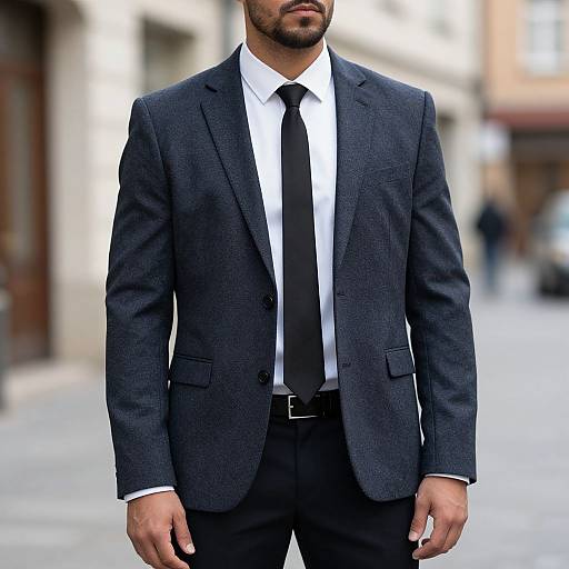 Photograph of a bearded man in a dark gray, textured suit with a white shirt and black tie, standing on a blurred urban street.