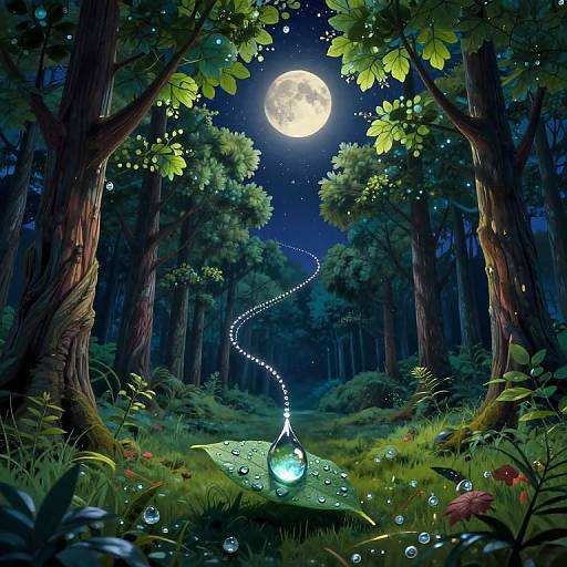 Digital artwork of a glowing, moonlit forest path with a sparkling, droplet-like light trail leading to a full moon. Tall trees frame the scene