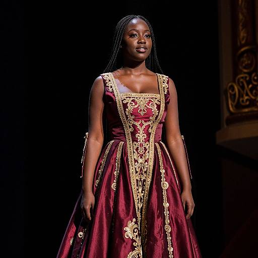 Photograph of a Black woman with braided hair, wearing a sleeveless, deep red gown with gold embroidery, walking on a dimly lit runway