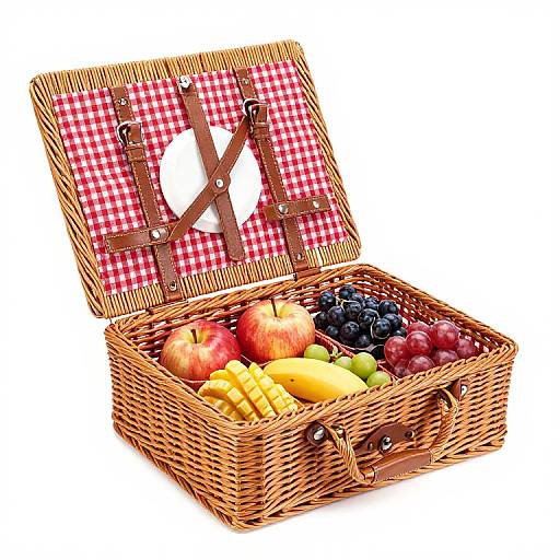 Photograph of a wicker picnic basket with red checkered cloth lining, filled with apples, grapes, kiwi, mango slices, and blueberries