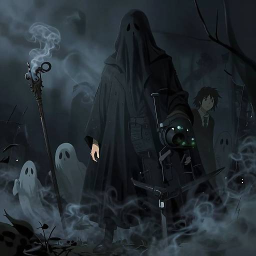 Mysterious dark fantasy scene: cloaked figure with glowing hand, ghostly apparitions, smoking staff, and lantern-wielding companion in eerie blue mist