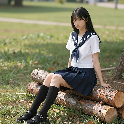 Sailor-Style Schoolgirl in a Park