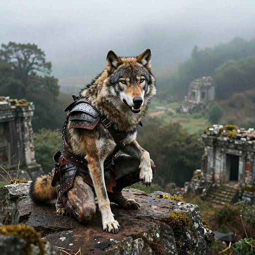 Wolf-Human Hybrid Warrior Overlooking Foggy Valley