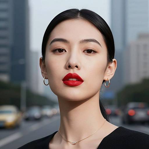 Photograph of an Asian woman with fair skin, black hair in a sleek ponytail, bold red lipstick, hoop earrings, and a black top,