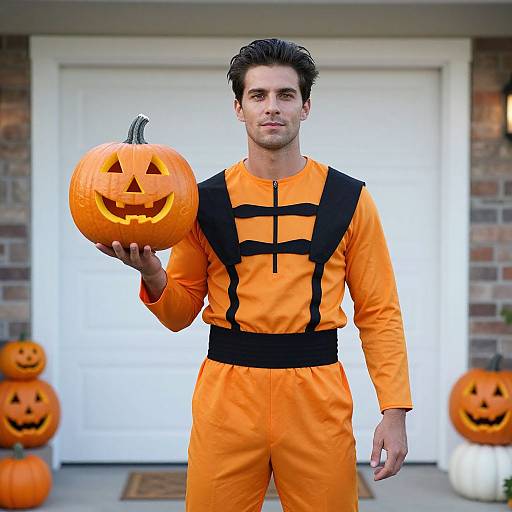Man in Orange-Black Costume with Pumpkin