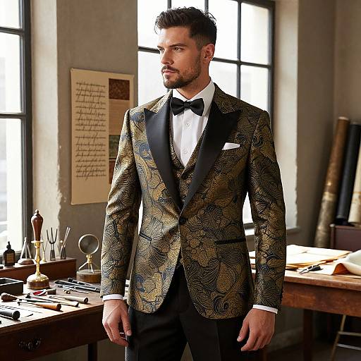 Photograph of a handsome, bearded man in a gold-patterned tuxedo with black bow tie, standing in a sunlit, vintage workshop